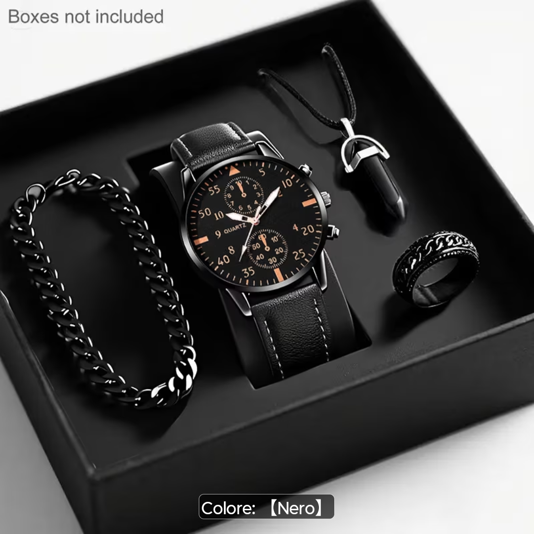 SHAARMS Set Regalo Lusso Uomo 4 Pezzi - Orologio Analogico al Quarzo Rotondo con Collana, Anello e Braccialetto Abbinati